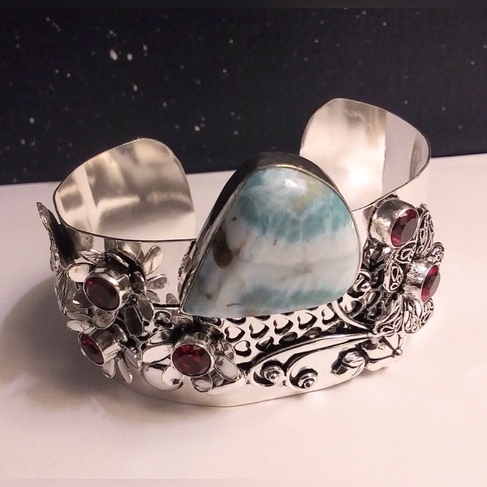 Larimar Garnet 925 Sterling Silver Cuff Bracelet - Picture 2 of 3